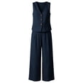 thumbnail image 5 of Womens 2 Piece Linen Set V-Neck Button Vest & High Waist Wide Leg Pants Casual Vacation Outfits Navy S, 5 of 5