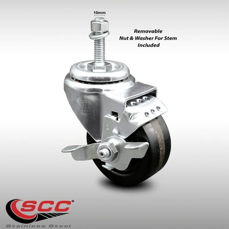 Stainless Steel Phenolic Swivel Threaded Stem Caster w 3 x 1 25 Black Wheel and 10MM Metric Stem Top Locking Brake 300 lbs Capacity Caster Service Caster Brand