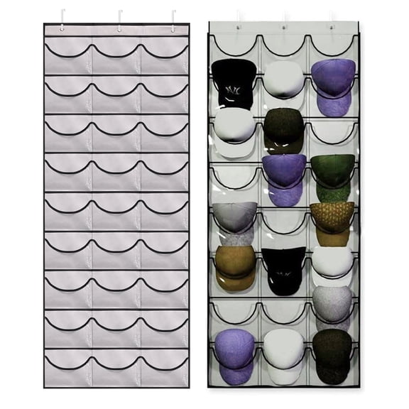 Baseball cap storage rack, 27 Grey Pockets With 3 Metal Hooks, For Organizing And Displaying Baseball, Sun & Golf Caps