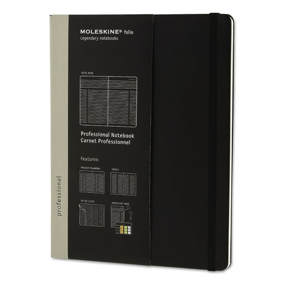 Moleskine Professional Notebook, Ruled, 9 3/4 x 7 1/2, Black Cover, 192 Sheets