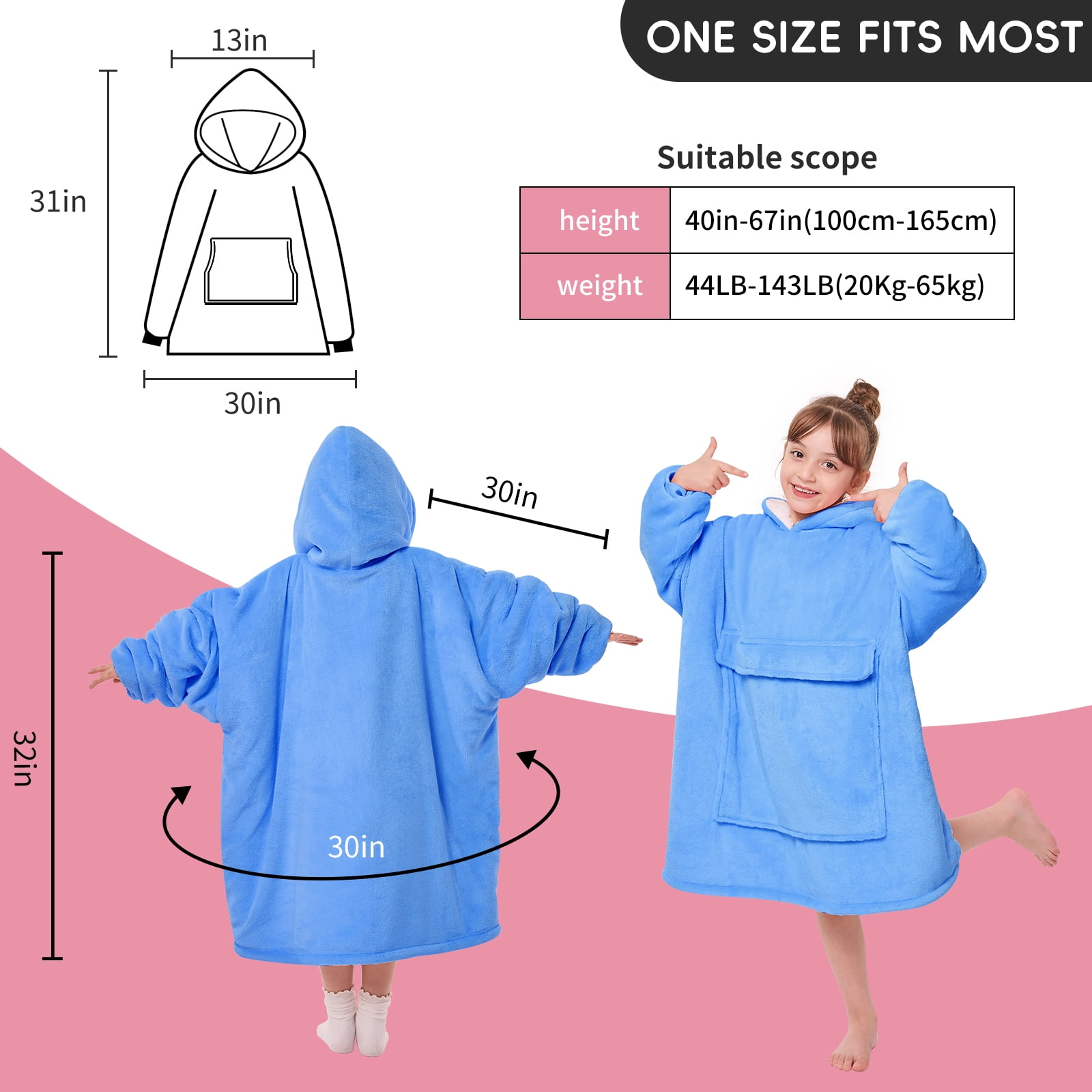 PMONPA Wearable Blanket Hoodie for Kids, Soft Double Layer Sherpa Fleece Sweatshirt,Teen Gifts for Kids, Youth, Boys, Girls, One Size, Sky Blue
