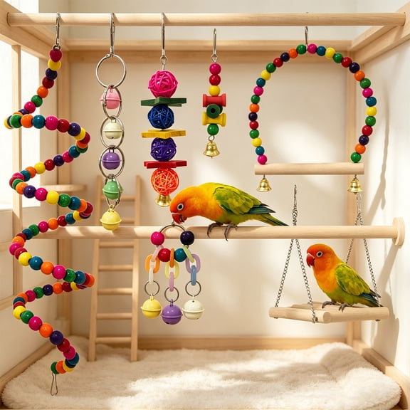 Toys For Cage Birds Chew Toys Set With Swings Blocks Colorful Bells And Ladders Natural Safe Birds Cage Accessories For Small Medium Birds