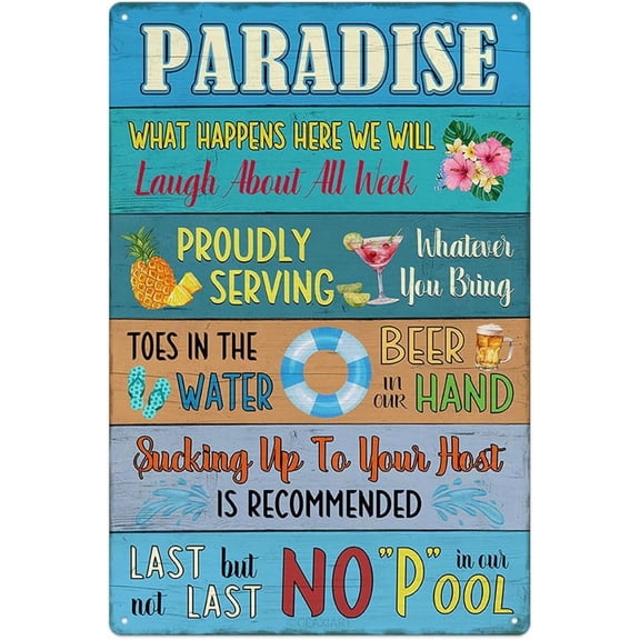 Pool Paradise Tin Sign Swimming Pool Rules Durable Metal Signs Vintage Hanging Plaque Decorative for Beach Home Bar Pool Deck Backyard Fence Wall Decor 12X8 Inch