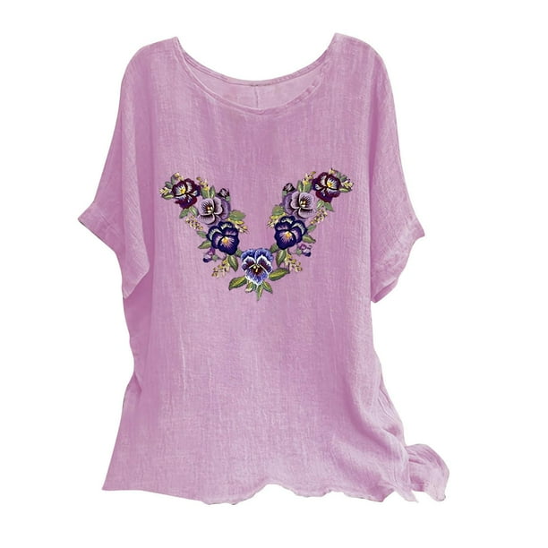 Blusas de Manga Corta para las Mujeres Mezcla de Lino de Ajuste Suelto Top de Bordado, Blusas para las Mujeres Casual