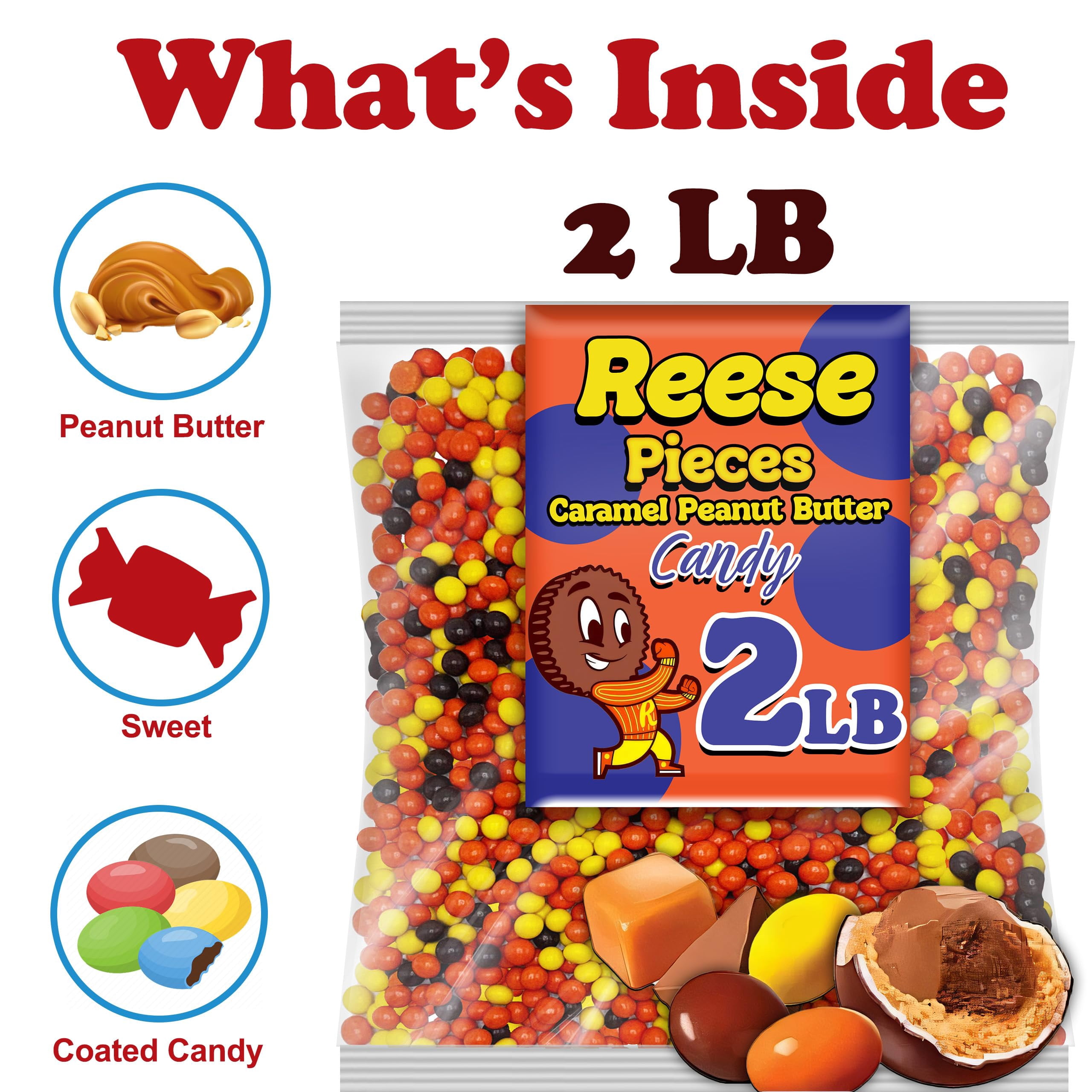 Reese Pieces Caramel Peanut Butter Candy, Bulk 2 Lbs, Caramel Flavored Milk Chocolate Peanut Butter Candies in Crunchy Shell, for Baking, Ice Cream Topping, Desserts, Snacking and More
