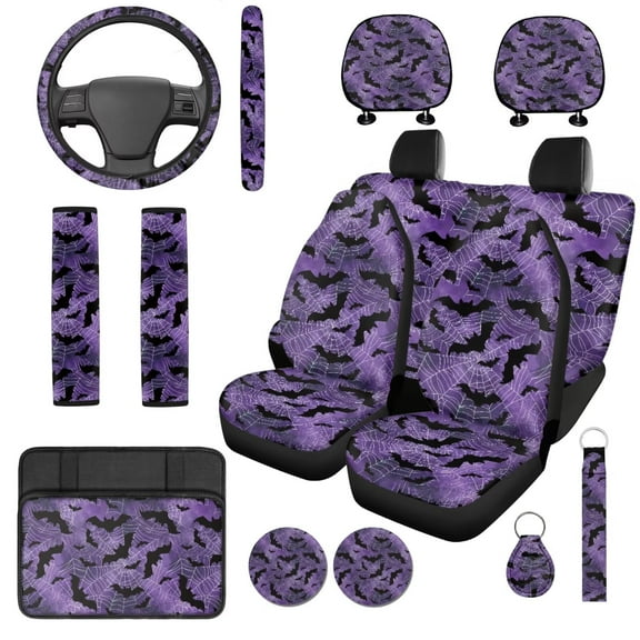 Garronmavis Halloween Spider Web 14 Pack Car Seat Covers Full Set with Headrest Protector Steering Wheel Cover Car Armrest Cover Seat Belt Covers Full Coverage Universal Fit for Most Cars SUV