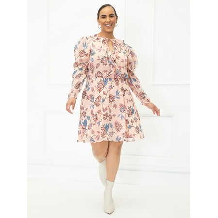 ELOQUII Elements Women's Plus Size Floral Print Puff Sleeve Dress