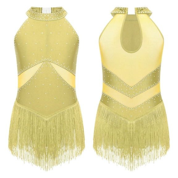 Alvivi Kids Girls Rhinestone Tassel Latin Ballet Leotard Dance Dress Figure Ice Skating Dresses Yellow 8