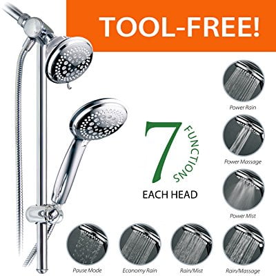 DreamSpa Instant-Mount Drill-Free Height / Angle Adjustable 36-Setting 3-Way Shower Head / Handheld Shower with 22-Inch Stainless Steel Slide Bar, Chrome