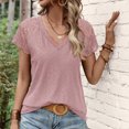 thumbnail image 3 of Blusa de manga corta para mujer, cuello en V, borde de encaje, Color puro, transpirable a la moda para el verano, 3 of 6