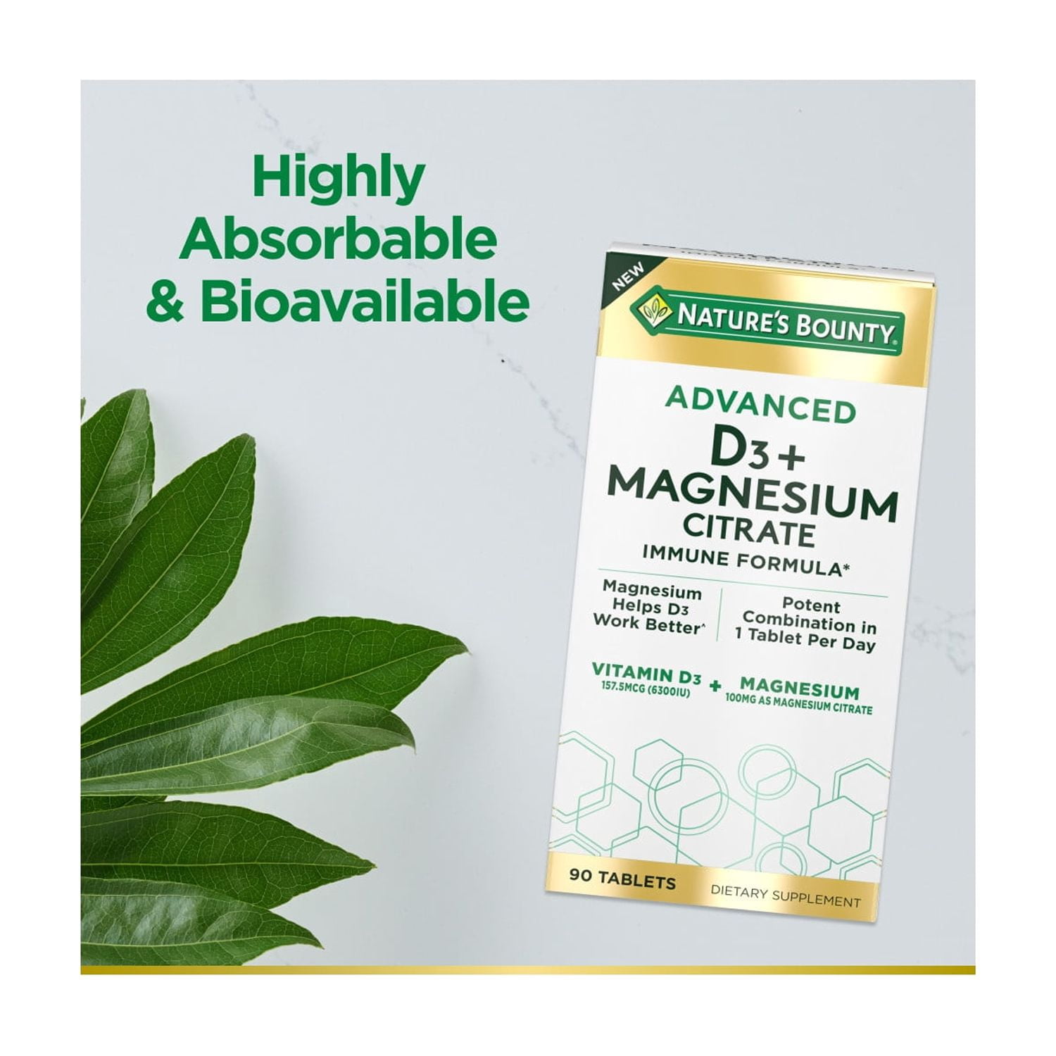(3 pack) Nature’s Bounty® Advanced Vitamin D3 with Magnesium, Immune and Bone Supplement, 90 Tablets
