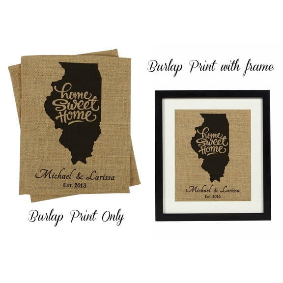 Darling Souvenir Home Sweet Home Burlap Print Wall Decor Illinois Map Personalized Housewarming Gift-Burlap Print Only(8 x 10 Inches)