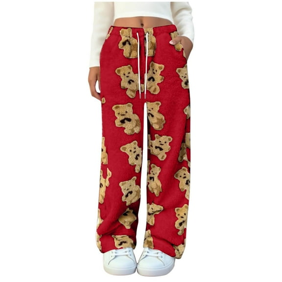 Kilaqueen Fuzzy Plush Pants for Women Cute Bear Graphic Drawstring Elastic Waist Fleece Long Pant Wide Leg Fall Winter Warm Pant for Indoor and Outdoor
