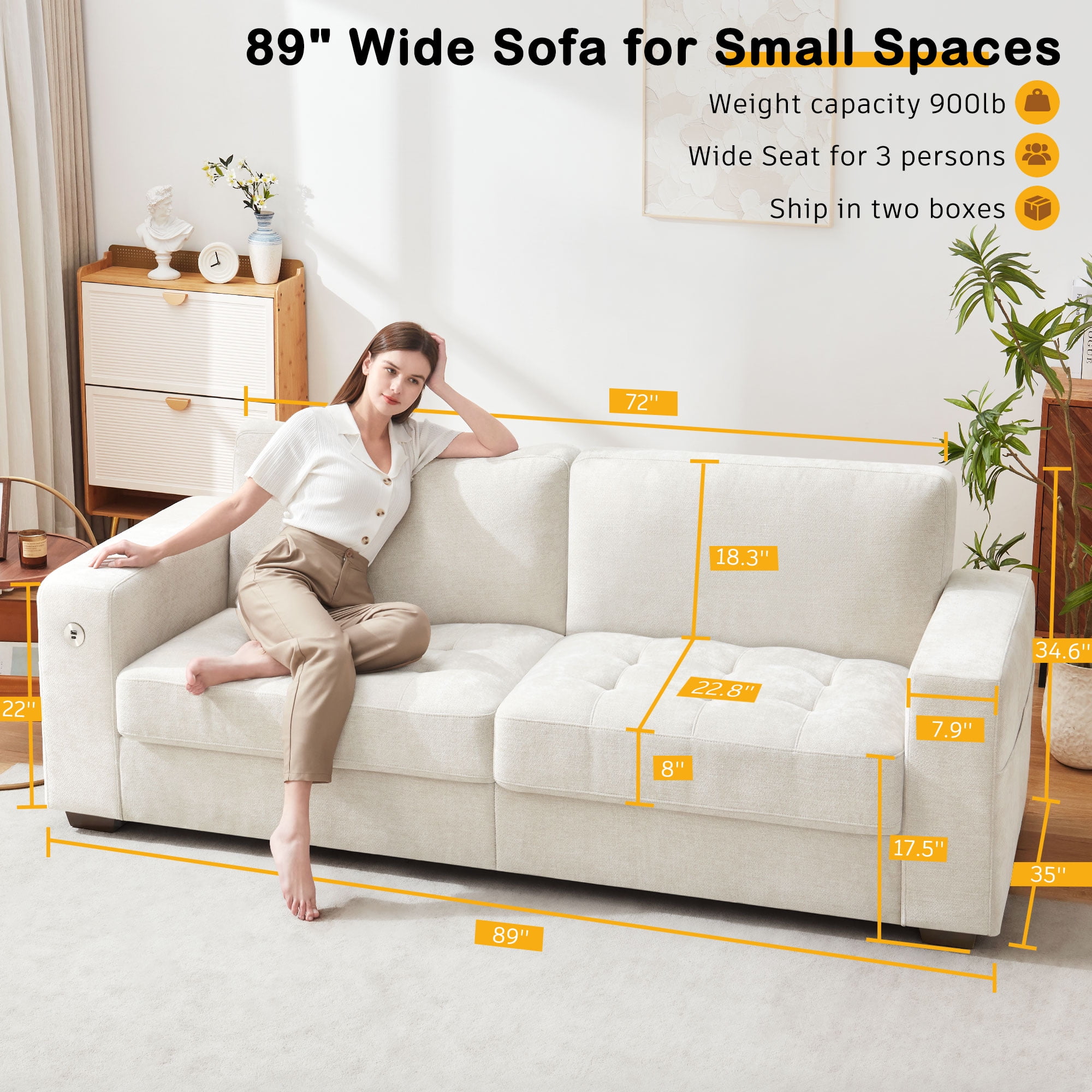 Bedluxury 89" Deep Sofa Couch with USB/Type-C Charging, Storage Pocket & Wide Armrest, Removable Cover, Seats 3 Adults, Chenille Beige