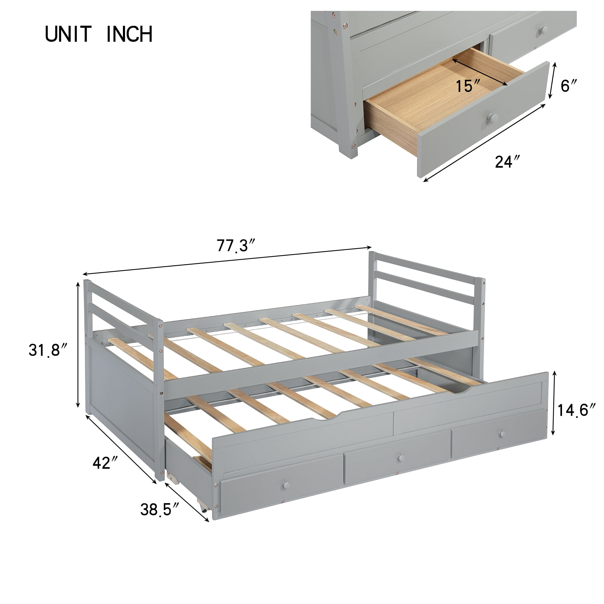 Sailvan Twin Size Bed with Headboard, Footboard, Trundle and 3 Storage Drawers, Pine Wood Bed