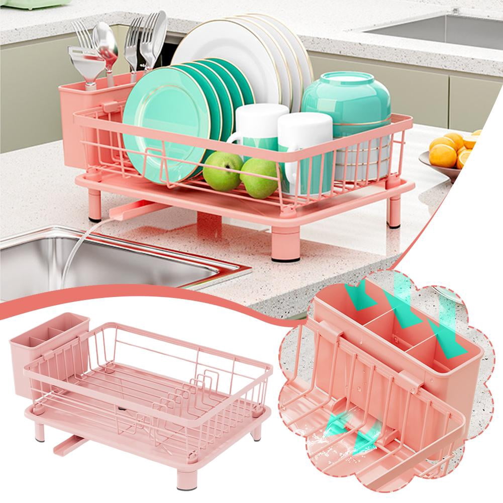 QHUDLV Pink Dish Drying Rack, Dish Drainer Rack with Drip Tray, Sink Dish Drainer with Drainage Spout, Stainless Steel Dish Drying Rack with Cups, for Mom Grandma Wife Kitchen Enthusiasts