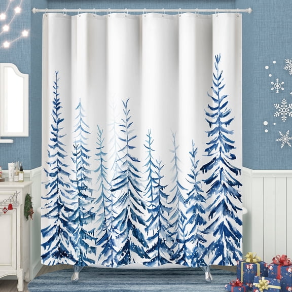 Afuly Blue Christmas Shower Curtain, Watercolor Snowy Forest Bathroom Decor, Water-Repellent Polyester, Winter Curtain Set with 12 Hooks, 72x72 in