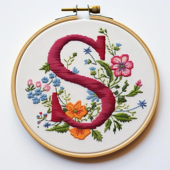 Letter S in Flowers Stamped Cross Stitch Kits for Beginners Easy with Hoop 11CT Needlepoint Embroidery Counted Cross Stitch Kits Art Craft Wall Decoration 35x35cm(2)