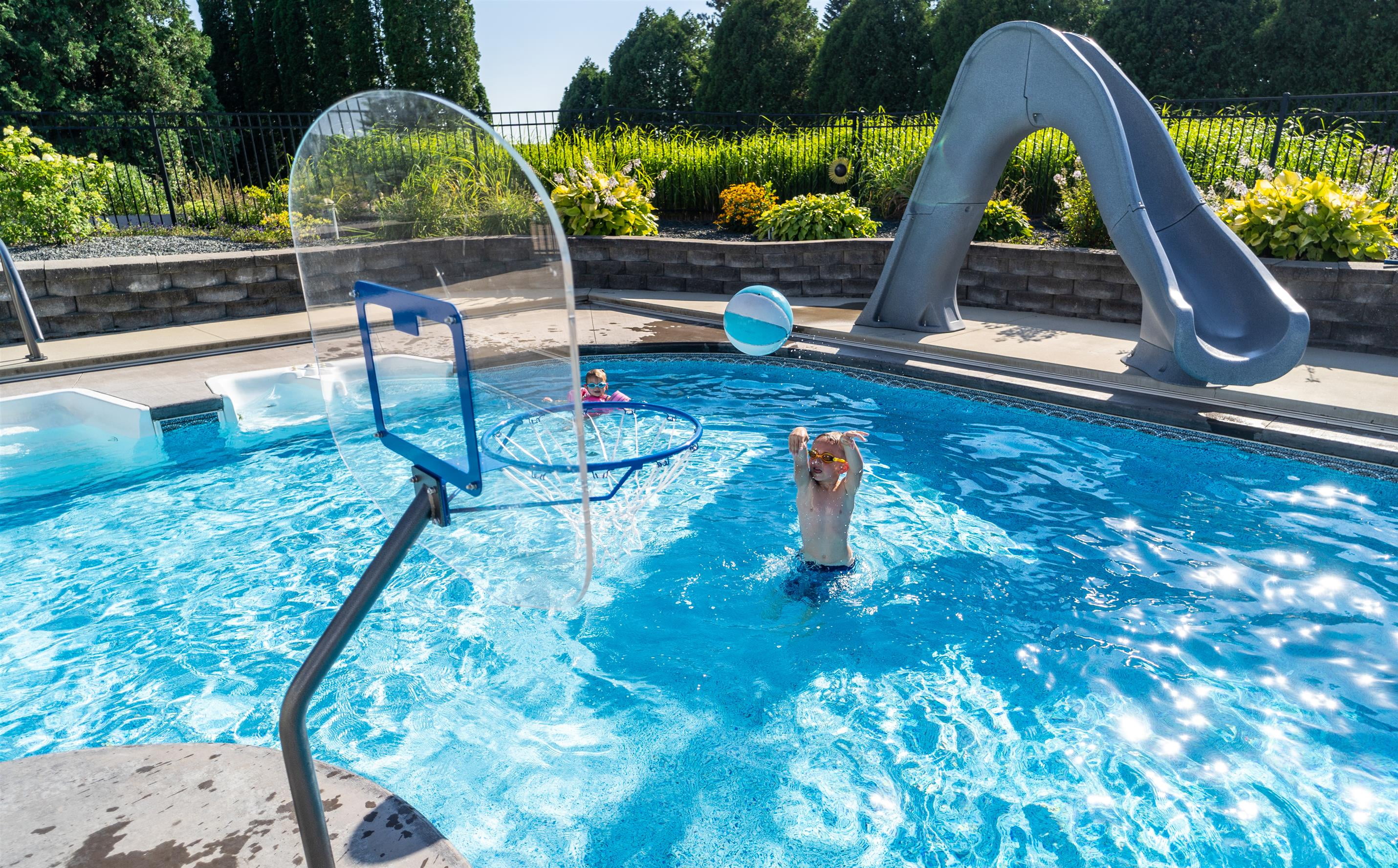 Global Pool Products Heavy Duty 12" Basketball Hoop Set - Stainless Steel Frame - Offset with Net & Ball No Anchor