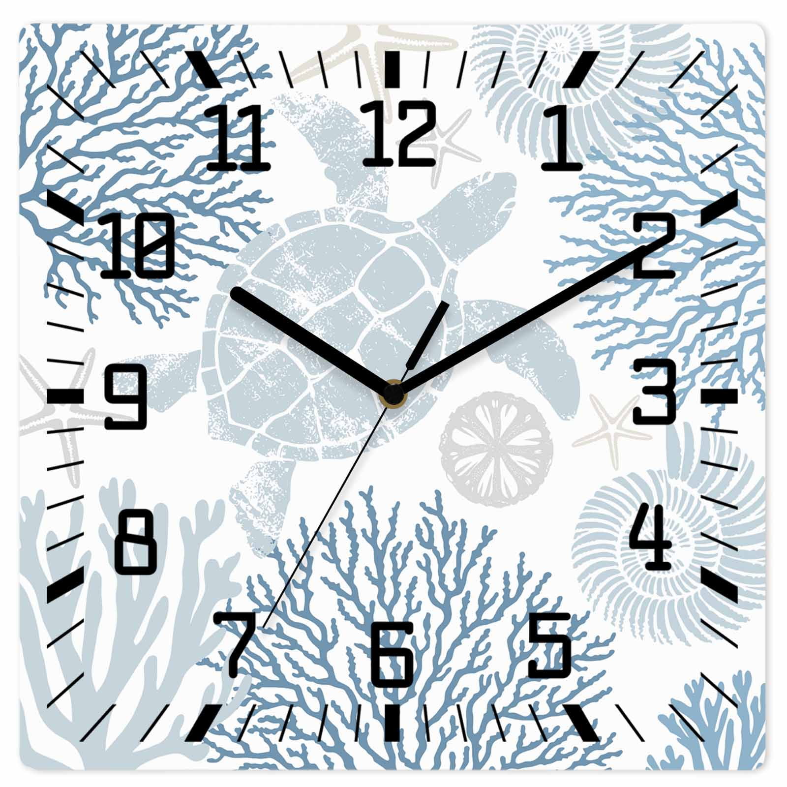 Blue Sea Turtle Wooden Wall Clock Silent Non Ticking, Coastal Coral Summer Beach Nautical Square Wall Clocks Battery Operated, Decor Clock for Home Office, Living Room, Kitchen, 10 Inch