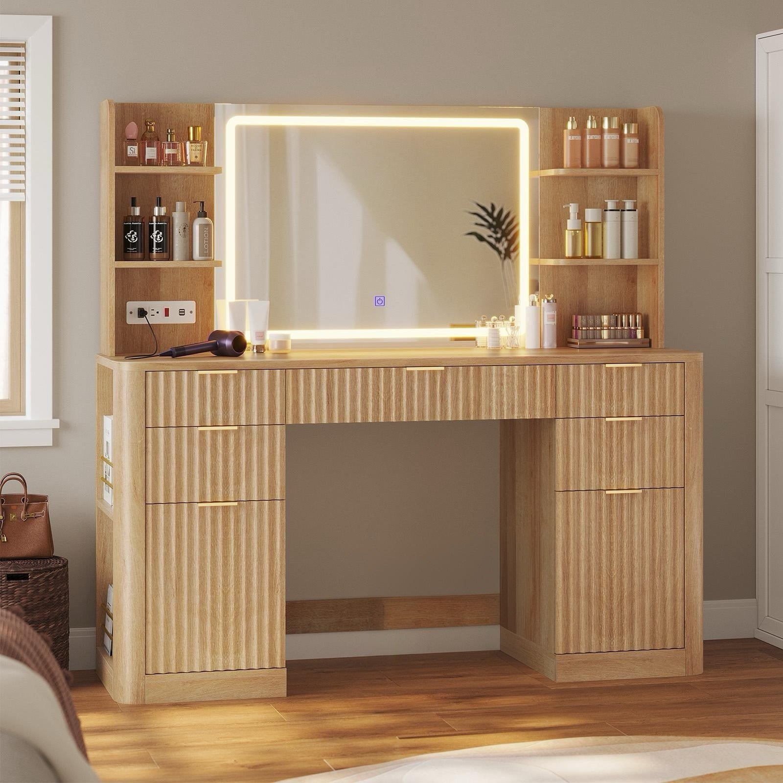 Plonmago Vanity Desk with Large Mirror and Lights, 5 Drawer Vanity with Power Strip, 6 Open Shelves, 2 Cabinets, Modern Dressing Table with Solid Wood Legs for Bedroom, 51.2" Fluted Makeup,Oak