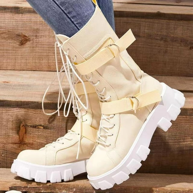 Canvas High-top Solid Color Platform Casual Round Toe Lace-up Motorcycle Boots