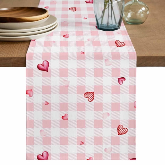 Valentine's Day Table Runner 72 Inches, Red Love Heart Romantic Pink Buffalo Plaid Bed Runner Dresser Scarves Tabletop for Indoor Outdoor Parties/Ceremony/Banquet, 16" x 72"