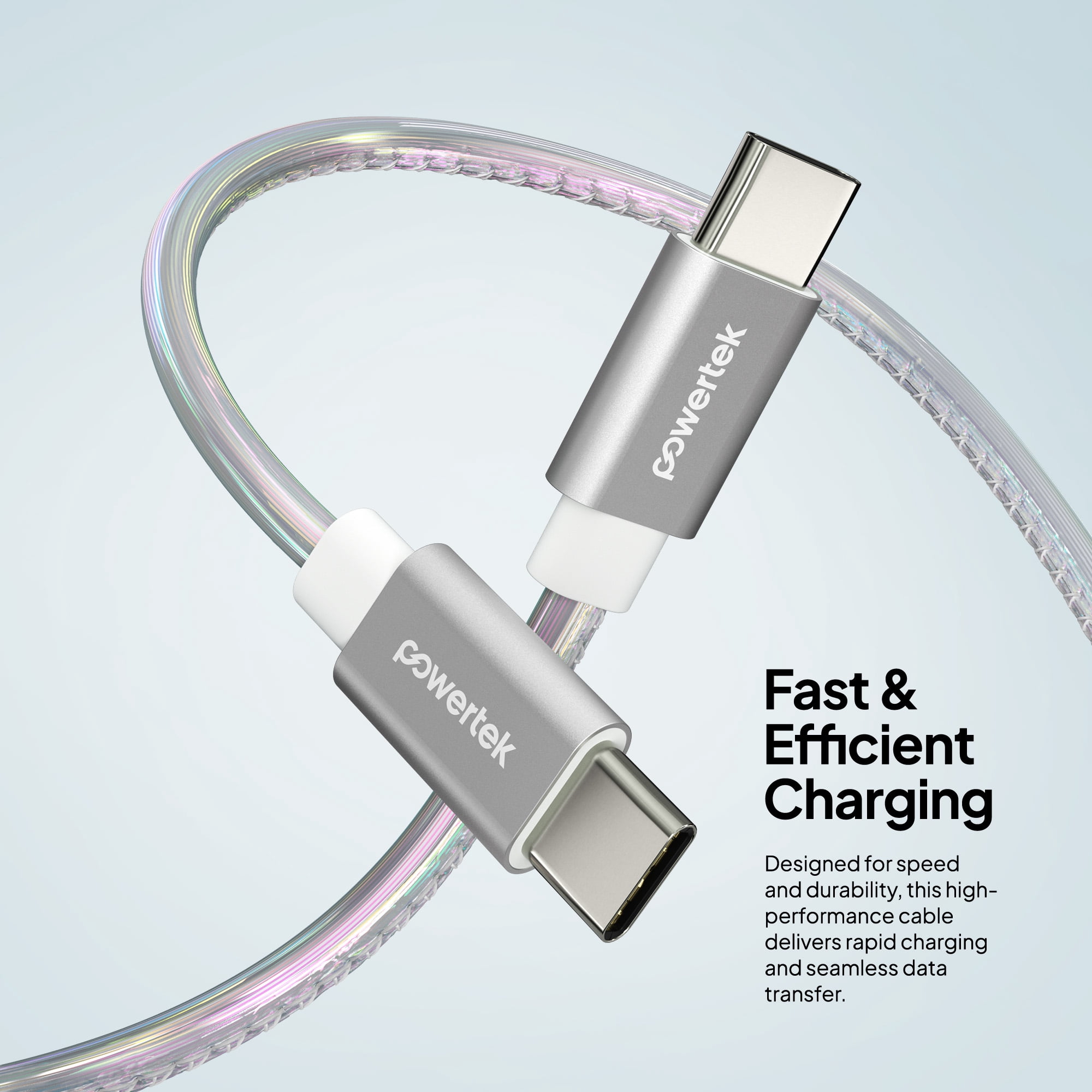 Powertek USB-C to USB-C (Type-C) Metallic Shine Pastel Fast Charging Cable, 60W, 6 ft, Silver