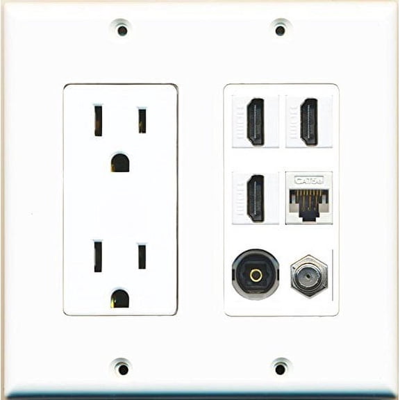 RiteAV Power Outlet 3 HDMI White Coax Cat5E Toslink Wall Plate White