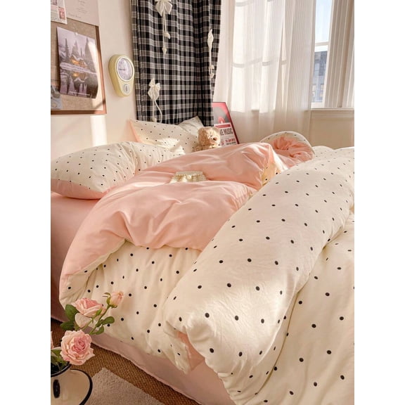 Pink  Polka Dot Duvet Cover Set, 1 Duvet Cover & 1/2 Pillowcases