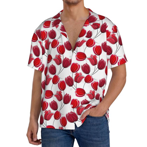 Fotbe Tulips Flowers Camisa Estampada de Manga Corta para Hombre, Casual de Verano, Estilo Playero, Sin Arrugas-Large