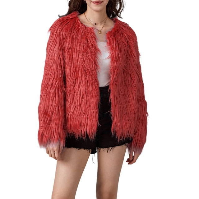 Diconna Women's Fall Faux Fur Jacket Solid Color Long Sleeve Open Front Plus Size Coat Streetwear