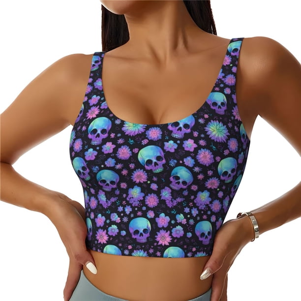 Balery purple Skull flower Sujetadores deportivos con espalda cruzada para mujer, acolchados, sin costuras, de alto impacto, ideales para yoga, gimnasio, entrenamiento y fitness.-Small