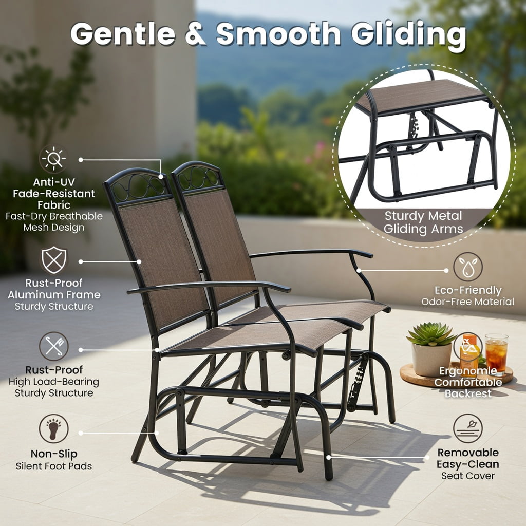 Hommoo Outdoor Gliding Loveseat with Tempered Glass Coffee Table Set, 2-Piece Patio Furniture for Backyard, Porch & Poolside, Metal Frame, Breathable Fabric Seating, Brown