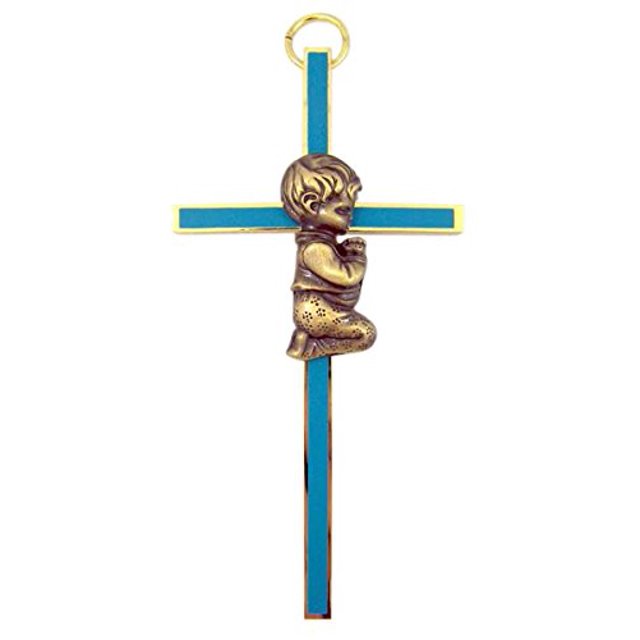 singer star case Boys First Holy Communion Brass and Blue Enamel Wall Cross, 4 Inch