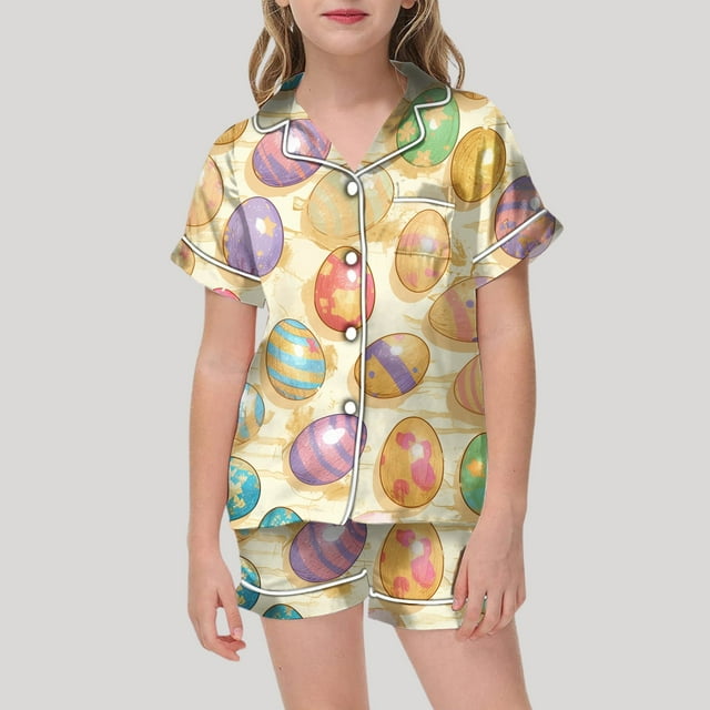 Easter Girls Satin Pajamas Set Cute Bunny Outfit Easter Button up Short Sleeve Pajamas Set Spring Clothes