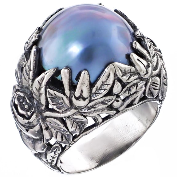 Bold South Pacific Blue Mabe Cultured Pearl Leaf Cradle 925 Sterling Silver Ring