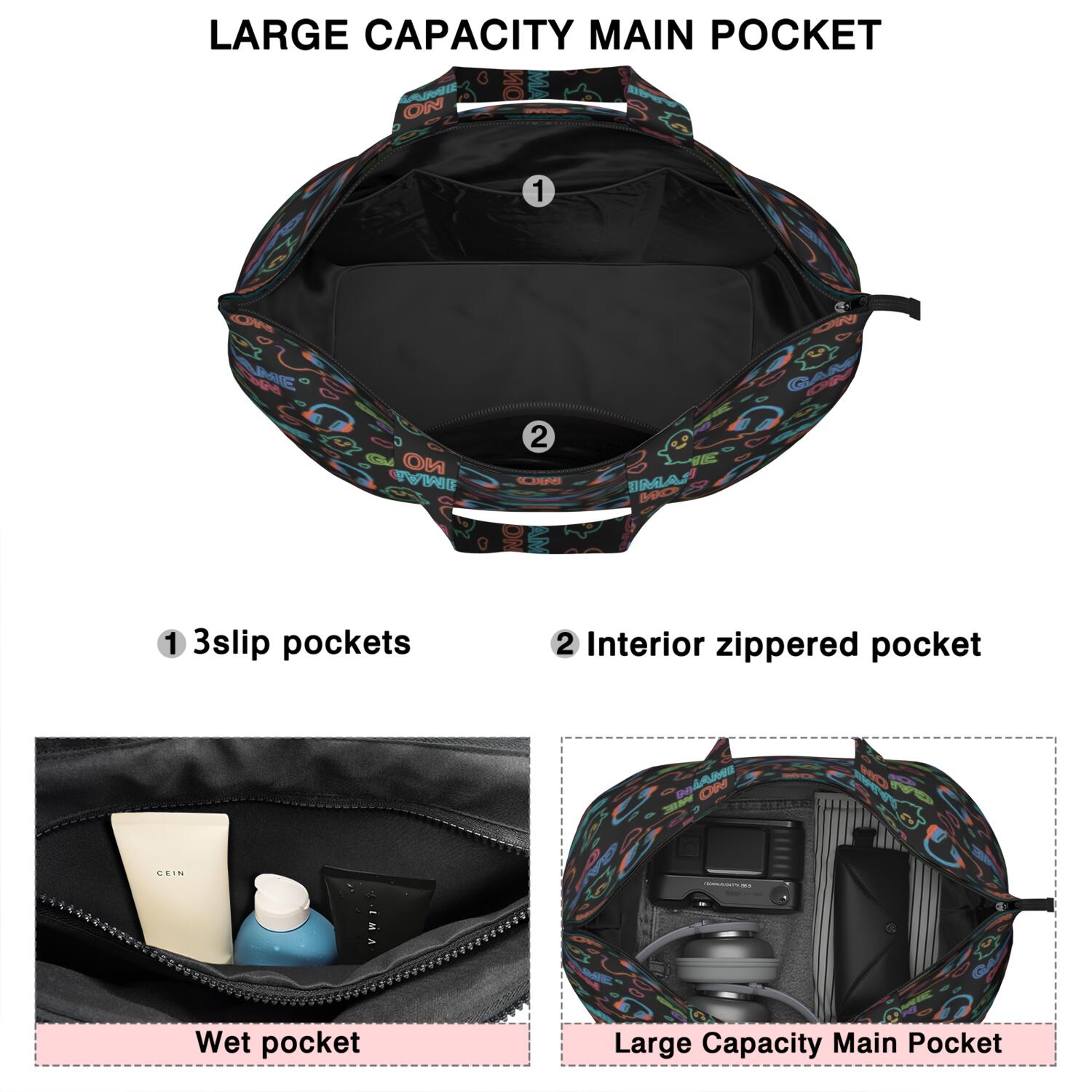 Colorful Controllers Games Icons Black Pattern Travel Tote Bags for Women Carry On,Large Weekender Bags for Women Travel,Multi Functional Duffle Bag for Work,Shopping,Sports