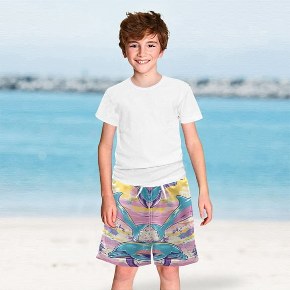 Dolphins and Palm Trees Boys Swim Trunks Boardshorts Swimsuit Quick Dry Board Shorts Bathing Suit 2-12T