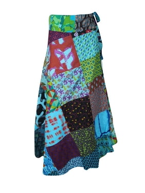 Mogul Women Vintage Wrap Around Skirt Patchwork Ethnic Beach Cover Up Long Skirts