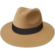 Fancosni Womens Beach Straw Hats UPF 50  Foldable Portable Summer Wide Brim Fedora Sun Straw Hat Adjustable Summer Sale 56-58cm Khaki