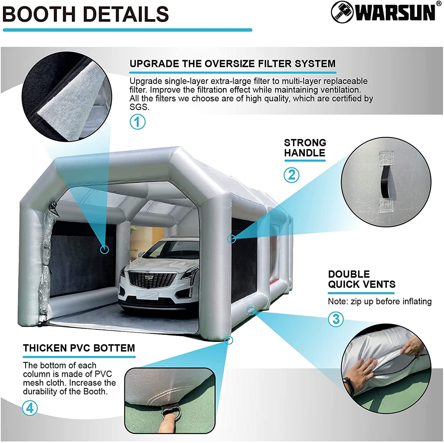 WARSUN Inflatable Paint Booth 20x11.5x9Ft with Double & Oversized Air Filters System Inflatable Spray Booth with 2 Blowers(550W+480W) Portable Spray