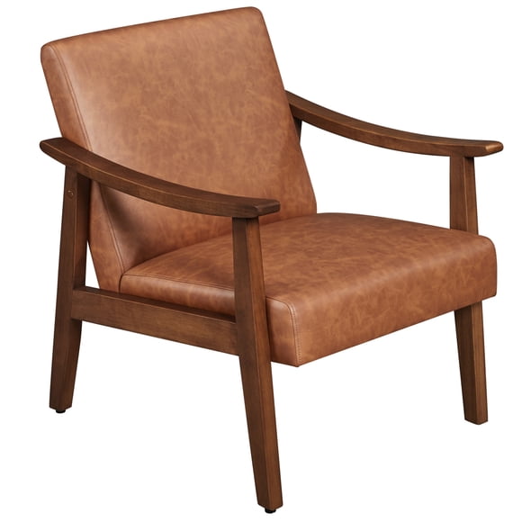Yaheetech Mid-Century Modern Faux Leather Accent Chair with Solid Wood Legs, Brown