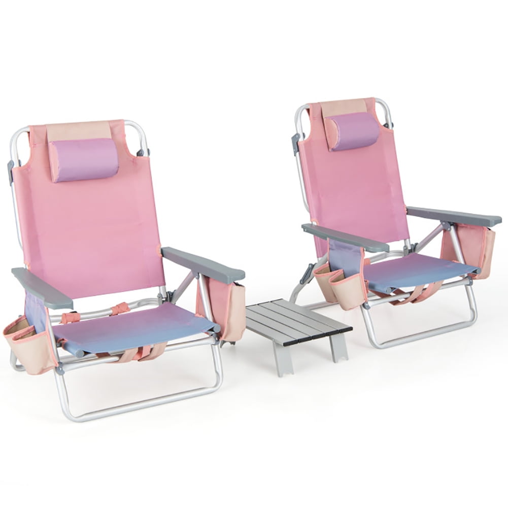 Aimee Lii 2 Packs 5-Position Outdoor Folding Backpack Beach Table Chair Reclining Chair Set, Outdoor Patio Furniture, Pink
