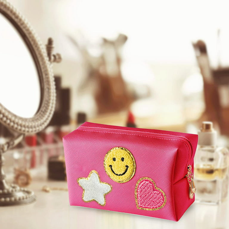 Nylea Preppy Stuff Patch Makeup Bag, PU Leather Smiley Face Makeup Bag Portable Waterproof Small Pouch, Daily Use Travel Cosmetic Pouch for Women