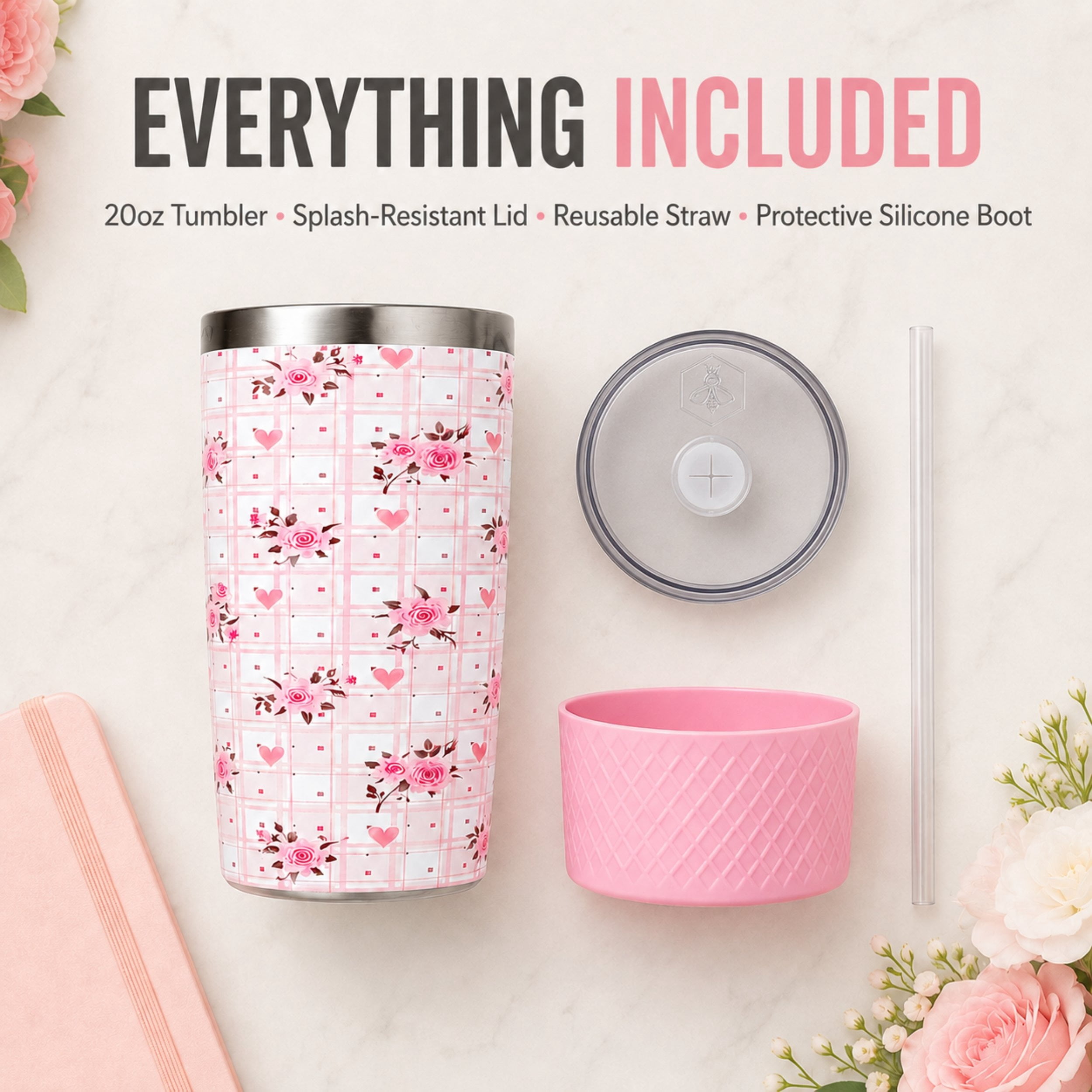 Biddlebee 20oz Insulated Stainless Steel Tumbler with Straw and Silicone Boot, Pink Roses