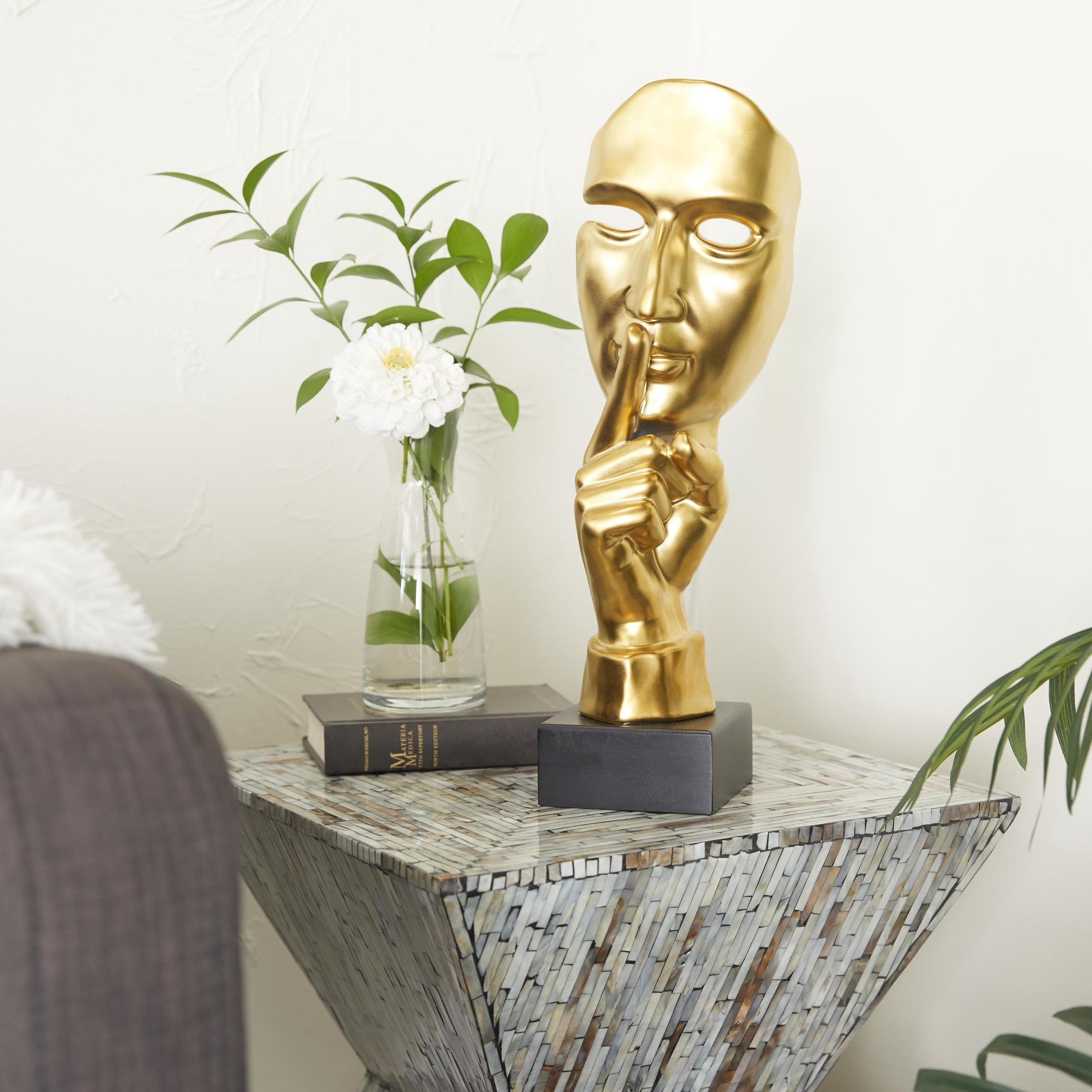 6" x 17" Gold Porcelain Ceramic Quiet Gesture Mask Sculpture, by DecMode