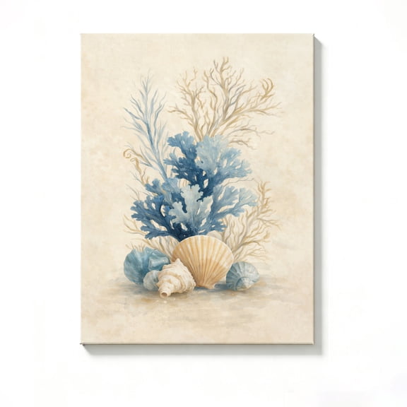 FLASHLUMI 8x12 Inch Watercolor Coastal Coral & Seashell Still Life Art Print Canvas Wall Art, Beachy Nautical Decor for Living Room Bedroom, No Frame