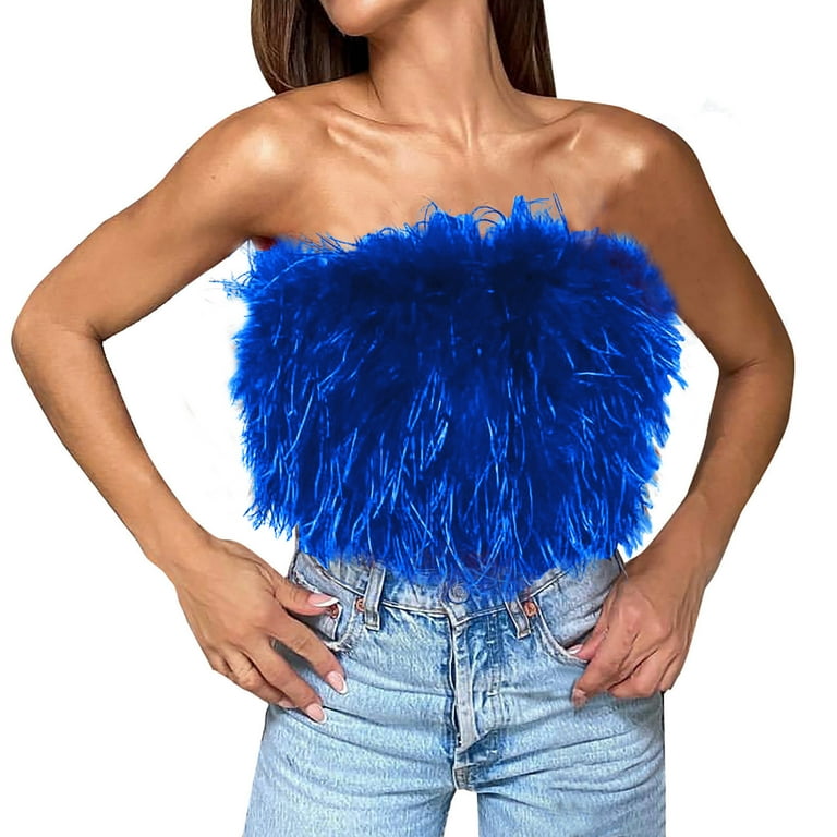 JWZUY Women Sleeveless Fur Feather Tube Tops Solid Color Strapless