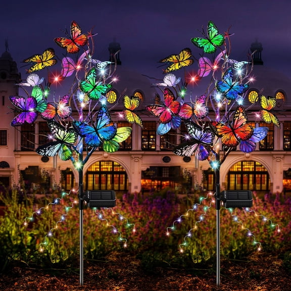 QiShi Solar Butterfly Lights, 2 pack Outdoor Solar Garden Stake Lights, Waterproof Decorative Solar Lights with 14 Butterflies for Pathway Lawn Decor (Colorful Light)